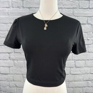 Reoria Black Short Sleeve Crop Tee S Fitted Crew Neck Basic